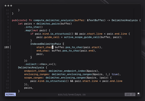 Delimiter highlighting and active scope guides.